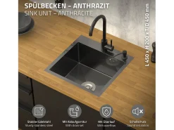 Fregadero de cocina de un seno 45x45 cm lavabo antracita con desagüe/dosificador