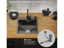 Fregadero de cocina de un seno 45x45 cm lavabo antracita con desagüe/dosificador