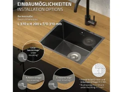 Fregadero de cocina de un seno 34x40cm antracita lavabo con desagüe y rebosadero