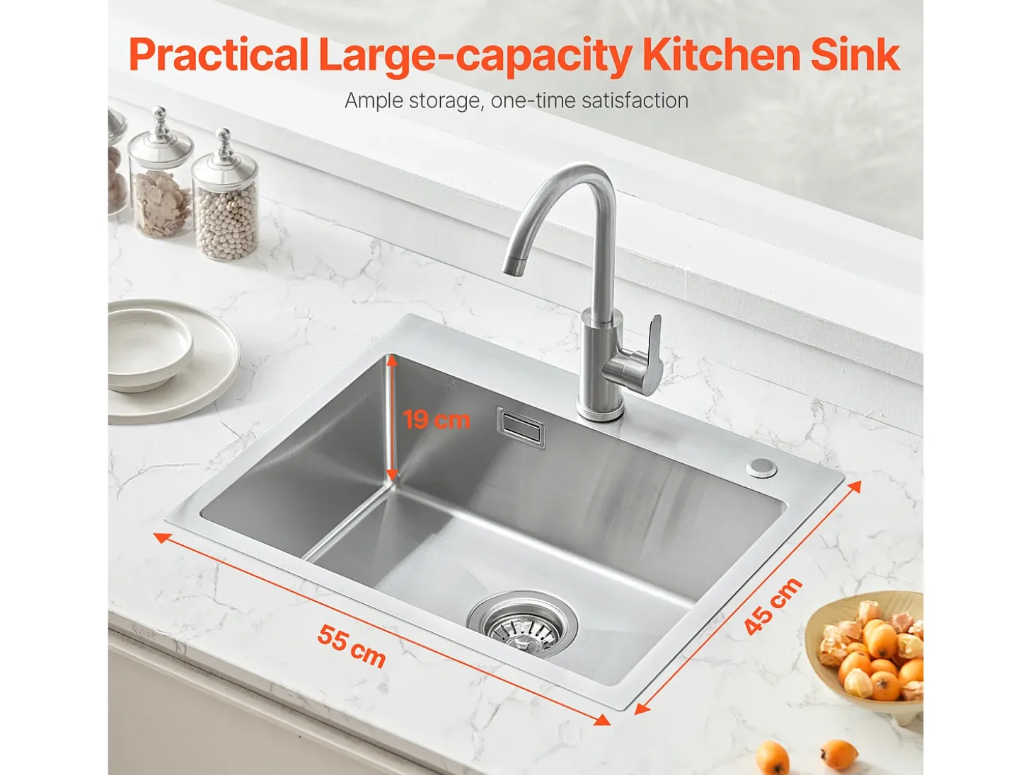 Fregadero de Cocina SucceBuy de Acero Inoxidable 304 de un Seno con Montaje Superior, 55 cm