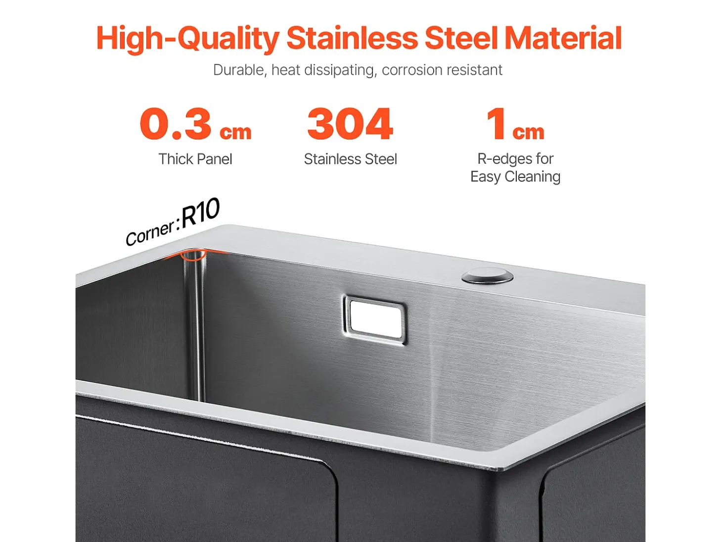 Fregadero de Cocina SucceBuy de Acero Inoxidable 304 de un Seno con Montaje Superior, 55 cm