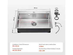 Fregadero de Cocina SucceBuy Fregadero de Cocina de 68CM con Montaje Superior, de un Solo Tazón y Bajo Encimera, de Acero Inoxidable.