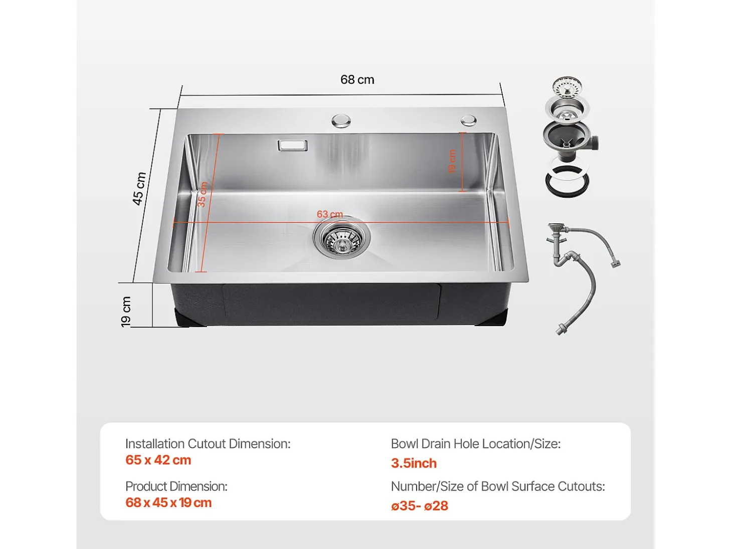 Fregadero de Cocina SucceBuy Fregadero de Cocina de 68CM con Montaje Superior, de un Solo Tazón y Bajo Encimera, de Acero Inoxidable.