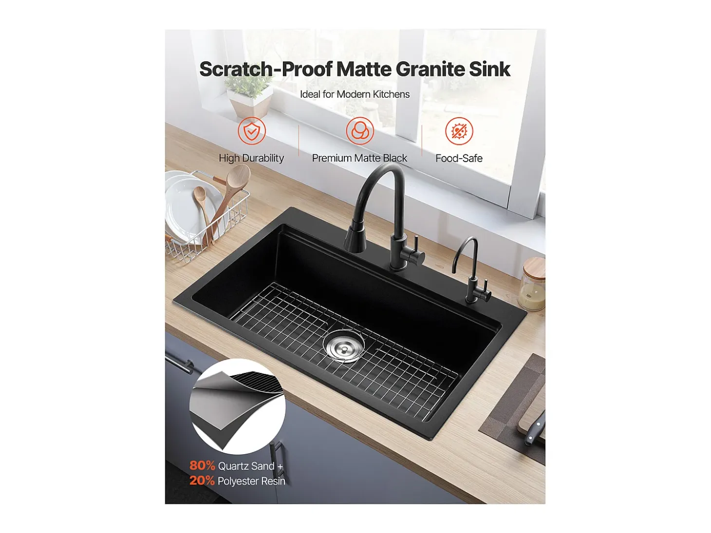 Fregadero de Cocina SucceBuy Moderno en Granito de 84x56 cm, Fregadero de Sobremesa de Cubeta Grande Simple, Cubeta Lavadora Empotrable con Múltiples Accesorios