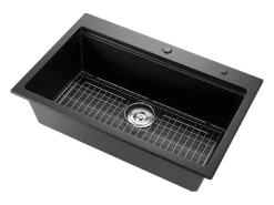 Fregadero de Cocina SucceBuy Moderno en Granito de 84x56 cm, Fregadero de Sobremesa de Cubeta Grande Simple, Cubeta Lavadora Empotrable con Múltiples Accesorios