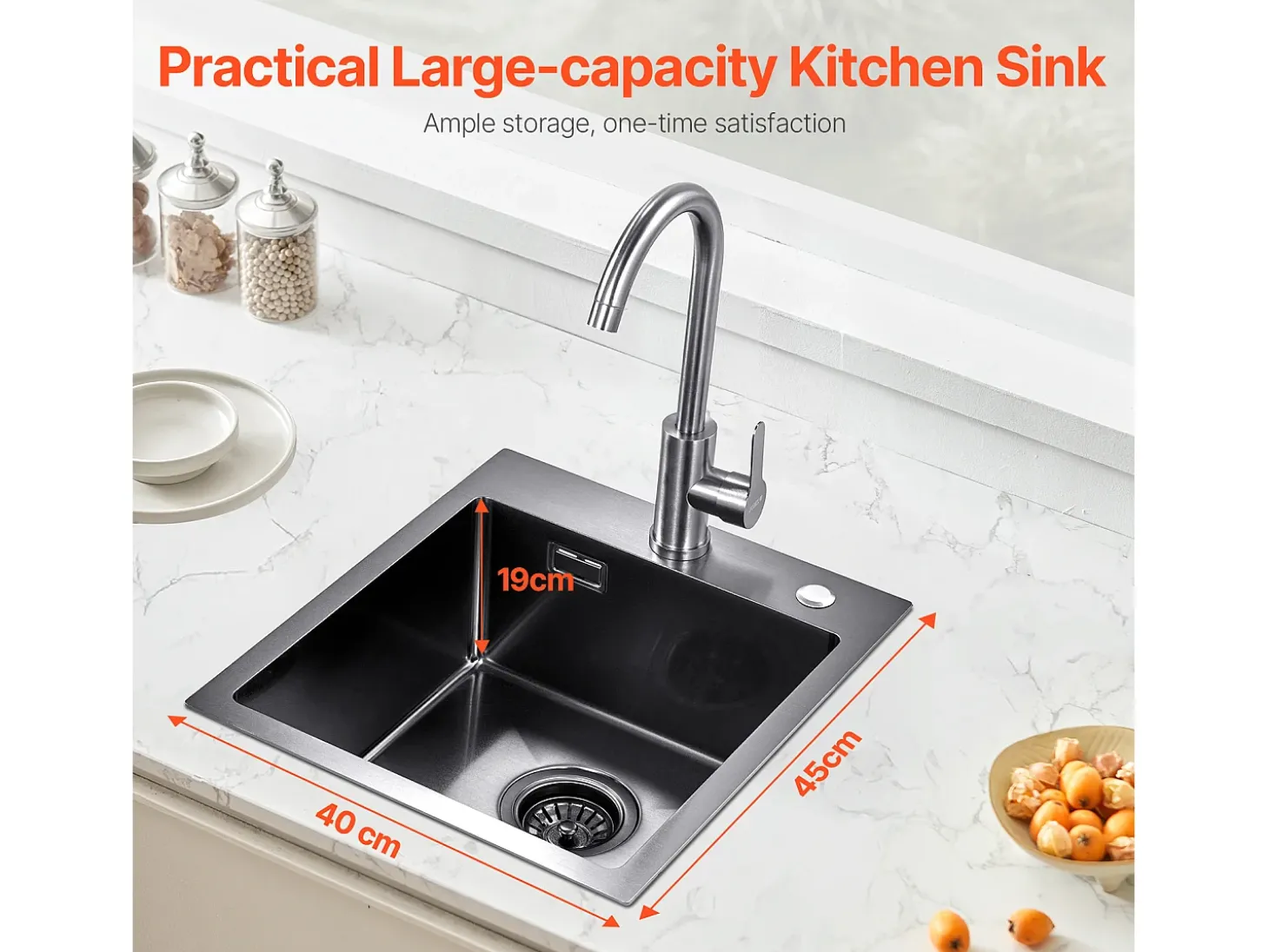 Fregadero de Cocina SucceBuy Fregadero de Cocina de 40 cm con Montaje Superior, de un Seno, de Acero Inoxidable, Color Negro