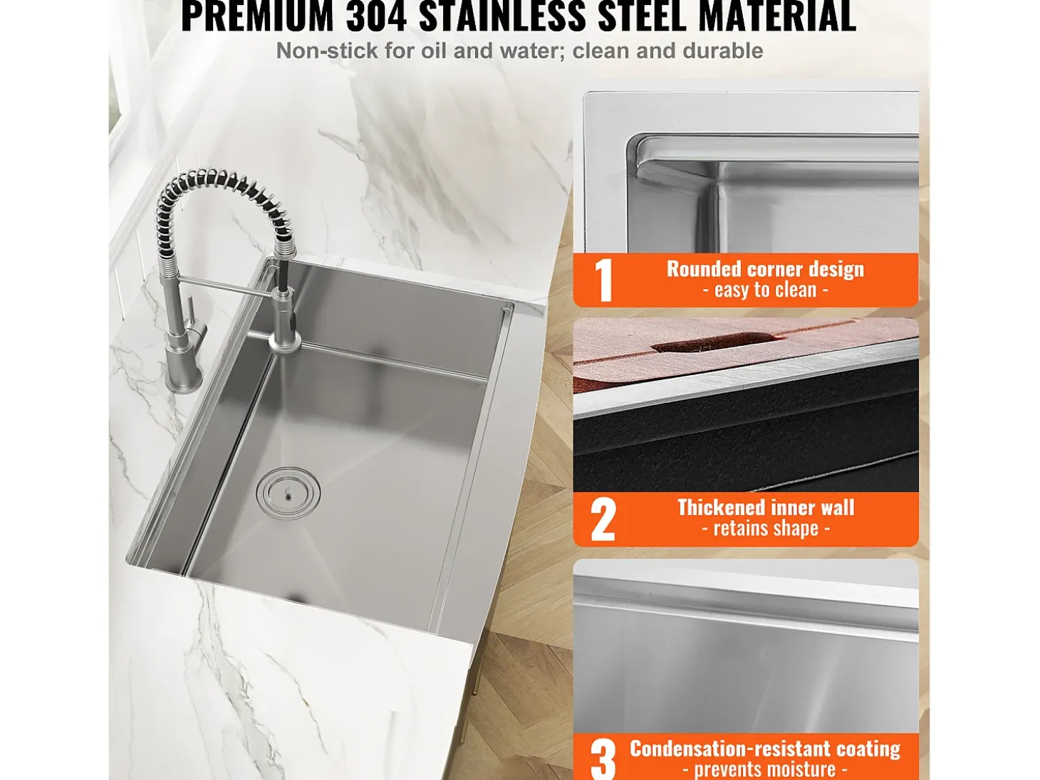 Fregadero de Cocina SucceBuy de Estilo Rústico, de Acero Inoxidable 304, de un Solo Seno, 91 x 56 x 23 Cm