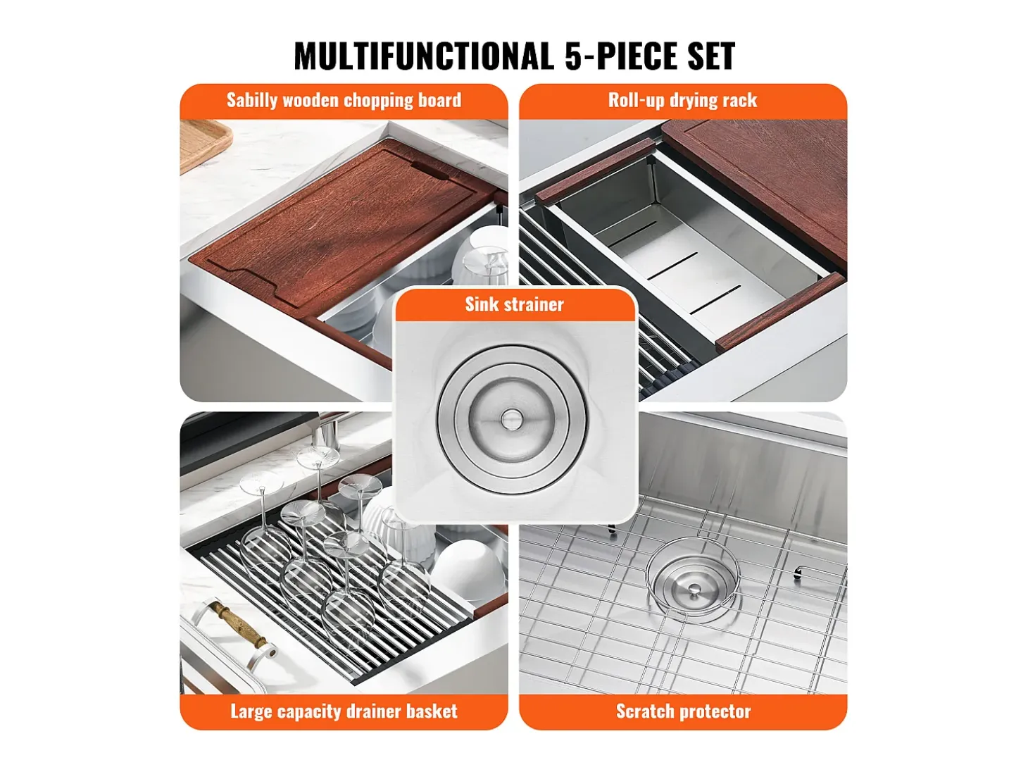 Fregadero de Cocina SucceBuy de Estilo Rústico, de Acero Inoxidable 304, de un Solo Seno, 91 x 56 x 23 Cm
