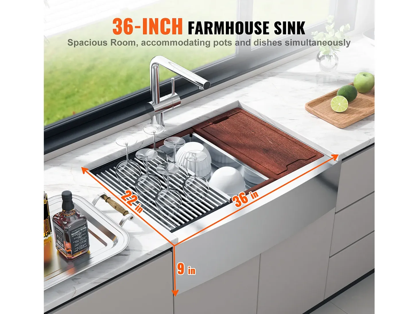 Fregadero de Cocina SucceBuy de Estilo Rústico, de Acero Inoxidable 304, de un Solo Seno, 91 x 56 x 23 Cm