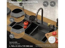Fregadero de cocina 80x46 cm lavabo rectangular antracita acero con accesorios