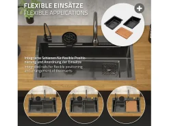 Fregadero de cocina 80x46 cm lavabo rectangular antracita acero con accesorios