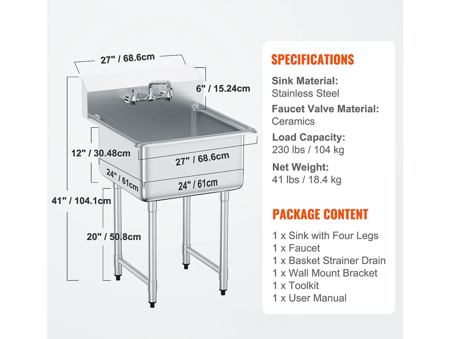 Fregadero de Servicio, SucceBuy 45.7x104.1CM Fregadero Comercial de Cocina y Preparación de 1 Compartimento con Protector contra Salpicaduras de Acero Inoxidable