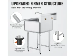 Fregadero de Servicio, SucceBuy 45.7x104.1CM Fregadero Comercial de Cocina y Preparación de 1 Compartimento con Protector contra Salpicaduras de Acero Inoxidable