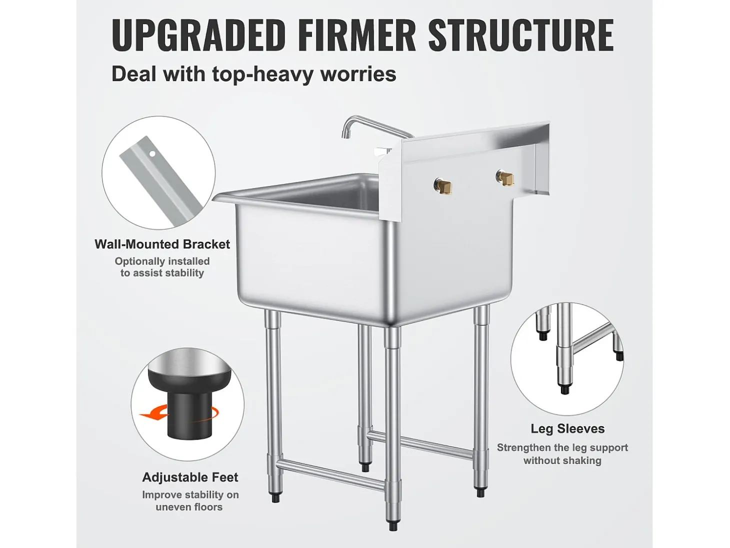 Fregadero de Servicio, SucceBuy 45.7x104.1CM Fregadero Comercial de Cocina y Preparación de 1 Compartimento con Protector contra Salpicaduras de Acero Inoxidable