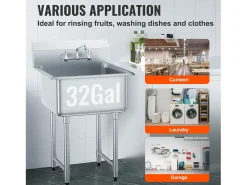 Fregadero de Servicio, SucceBuy 45.7x104.1CM Fregadero Comercial de Cocina y Preparación de 1 Compartimento con Protector contra Salpicaduras de Acero Inoxidable