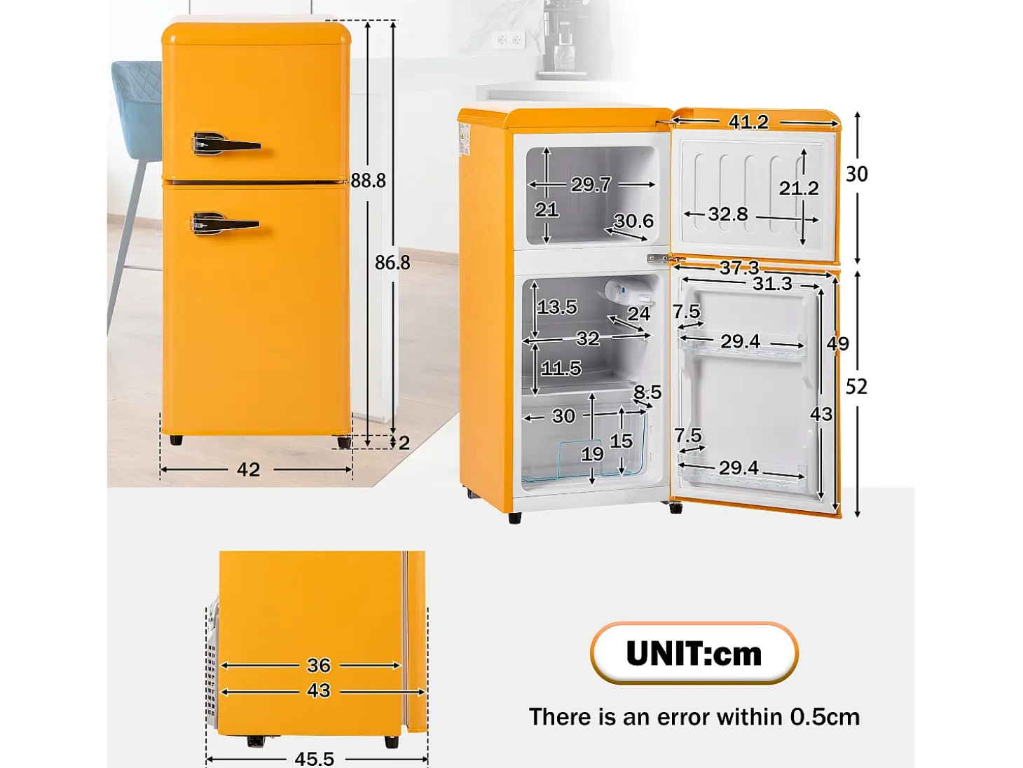 Frigorífico de 60L con 2 puertas e iluminación LED - Consumo energético 102 kWh/año - Amarillo antiguo