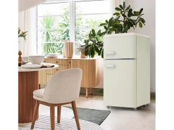 Frigorífico retro, frigorífico de doble puerta superior e inferior, volumen total de 72 litros, con volumen de congelador de 21 litros, 120 kWh/año, luz LED