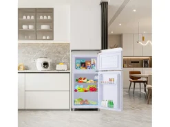 Frigorífico retro, frigorífico de doble puerta superior e inferior, volumen total de 72 litros, con volumen de congelador de 21 litros, 120 kWh/año, luz LED