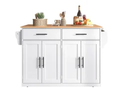 Isla central - 120 x 46 (70) x 91 cm - Tablero plegable + Ruedas y patas intercambiables - MDF - Blanco