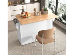 Isla central - 120 x 46 (70) x 91 cm - Tablero plegable + Ruedas y patas intercambiables - MDF - Blanco