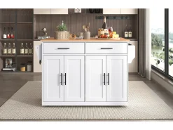 Isla central - 120 x 46 (70) x 91 cm - Tablero plegable + Ruedas y patas intercambiables - MDF - Blanco