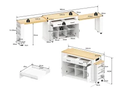 Isla central con encimeras deslizantes - 142-340 x 55 x 93 cm - con enchufes y puertos USB + cajones + puertas - MDF - blanco