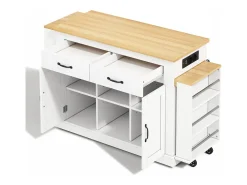 Isla central con encimeras deslizantes - 142-340 x 55 x 93 cm - con enchufes y puertos USB + cajones + puertas - MDF - blanco