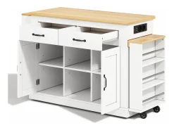 Isla central con encimeras deslizantes - 142-340 x 55 x 93 cm - con enchufes y puertos USB + cajones + puertas - MDF - blanco