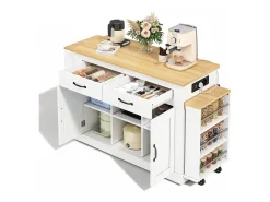 Isla central con encimeras deslizantes - 142-340 x 55 x 93 cm - con enchufes y puertos USB + cajones + puertas - MDF - blanco