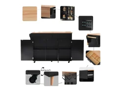 Isla central con ruedas - 129 x 46/71 x 91,5 cm - tapa abatible - con 3 puertas + 2 cajones - MDF - negro