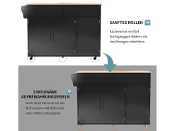 Isla central con ruedas - 129 x 46/71 x 91,5 cm - tapa abatible - con 3 puertas + 2 cajones - MDF - negro