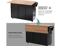 Isla central con ruedas - 129 x 46/71 x 91,5 cm - tapa abatible - con 3 puertas + 2 cajones - MDF - negro