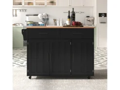 Isla central con ruedas - 129 x 46/71 x 91,5 cm - tapa abatible - con 3 puertas + 2 cajones - MDF - negro