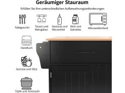 Isla central con ruedas - 129 x 46/71 x 91,5 cm - tapa abatible - con 3 puertas + 2 cajones - MDF - negro
