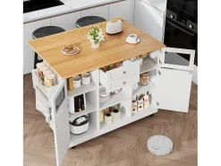 Isla central con ruedas - 140 x 40 x 93,5 cm - con encimera + 2 puertas + 2 cajones - MDF - blanco