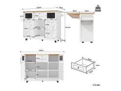 Isla central con ruedas - 140 x 40 x 93,5 cm - con encimera + 2 puertas + 2 cajones - MDF - blanco