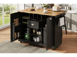 Isla central con ruedas - 140 x 40 x 93,5 - con encimera + 2 puertas + 1 cajón + botellero - MDF - negro