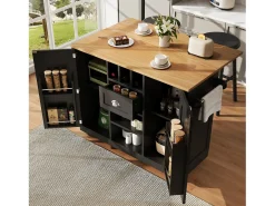 Isla central con ruedas - 140 x 40 x 93,5 - con encimera + 2 puertas + 1 cajón + botellero - MDF - negro
