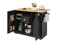 Isla central con ruedas - 140 x 40 x 93,5 - con encimera + 2 puertas + 1 cajón + botellero - MDF - negro