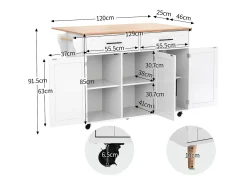 Isla central con ruedas - 129 x 46/71 x 91,5 cm - tapa abatible - con 3 puertas + 2 cajones - MDF - blanco