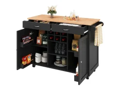 Isla central con ruedas - 102 x 45 x 92 cm - con 2 cajones + 2 puertas - metal + MDF - negro