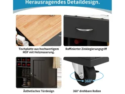 Isla central con ruedas - 102 x 45 x 92 cm - con 2 cajones + 2 puertas - metal + MDF - negro
