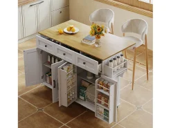 Isla central con ruedas y encimera abatible + 4 puertas + 3 cajones - 140 x 43(70) x 90,5 cm - blanco