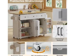 Isla central con ruedas y encimera abatible + 4 puertas + 3 cajones - 140 x 43(70) x 90,5 cm - blanco