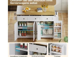 Isla central con ruedas y encimera abatible + 4 puertas + 3 cajones - 140 x 43(70) x 90,5 cm - blanco