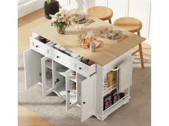 Isla central de cocina - carrito con ruedas y plancha extensible - 3 cajones y 6 estantes - Blanco