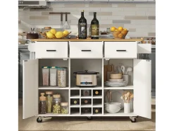 Isla central de cocina - carrito con ruedas y plancha extensible - 3 cajones y 2 puertas - Blanco