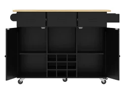 Isla central de cocina - carrito con ruedas y plancha extensible - 3 cajones y 2 puertas - Negro