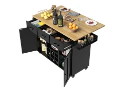 Isla central de cocina - carrito con ruedas y plancha extensible - 3 cajones y 2 puertas - Negro