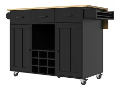 Isla central de cocina - carrito con ruedas y plancha extensible - 3 cajones y 2 puertas - Negro